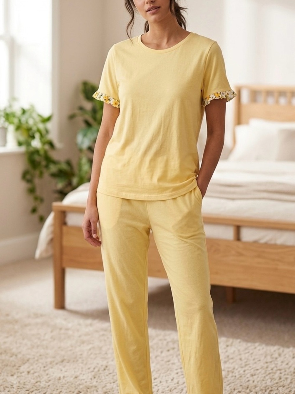 Bright Women's Wear Yellow Pajama Pants Loungewear - Floral Hem
